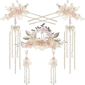 5PCS Flower Pearl Tassels Hairpin, Crystal Rhinestone Hair Clips Headpiece Vintage Chinese Hanfu Wedding Brides Hair Accessories for Women Girls Updo Long Hair