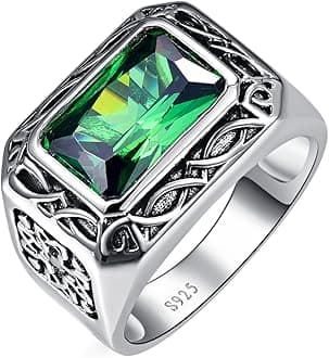 Bonlavie Men's Ring 925 Sterling Silver Emerald Cut Green Emerald Rings 6.85ct 8 * 12mm, Size L 1/2 to Z +2.5