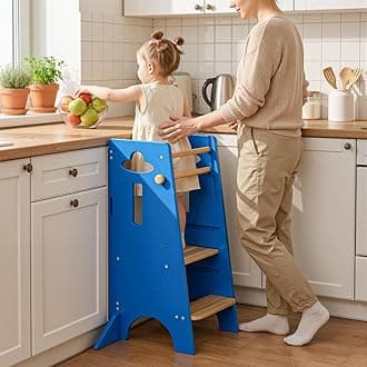 Toddler Standing Tower Adjustable Height(NO Backing Board) - Stable Kids Kitchen Stool Helper with 4 Support Blocks - 3 Levels Adjustable Wooden Toddler Kitchen Stool (Natural & Navy Blue)