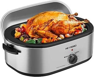 20 Quart Electric Roaster Oven with Self-Basting Lid, Turkey Roaster with Defrost Warm Function, Adjustable Temperature, Removable Pan Rack, Stainless Steel, Silver