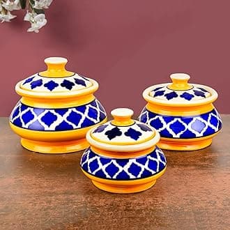 StyleMyWay Hand Painted Ceramic Handi Set with Lid (Set of 3, Blue & Yellow) | Dinner Serving Bowls | Biryani Handis | Serving Pots