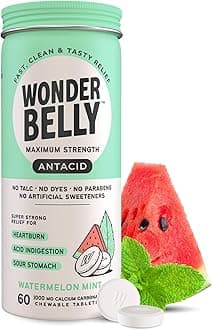 WonderbellyMaximum Strength Antacid Chewable Tablets, 1000mg Calcium Carbonate, Instant Heartburn and Acid Indigestion Relief, Free from Talc & Dye, Watermelon Mint, 60 Count
