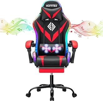 RGB Gaming Chair with Speakers and Massage Ergonomic Computer Chair with Lights and Footrest Reclining Video Game Chairs for Adults Red and Black