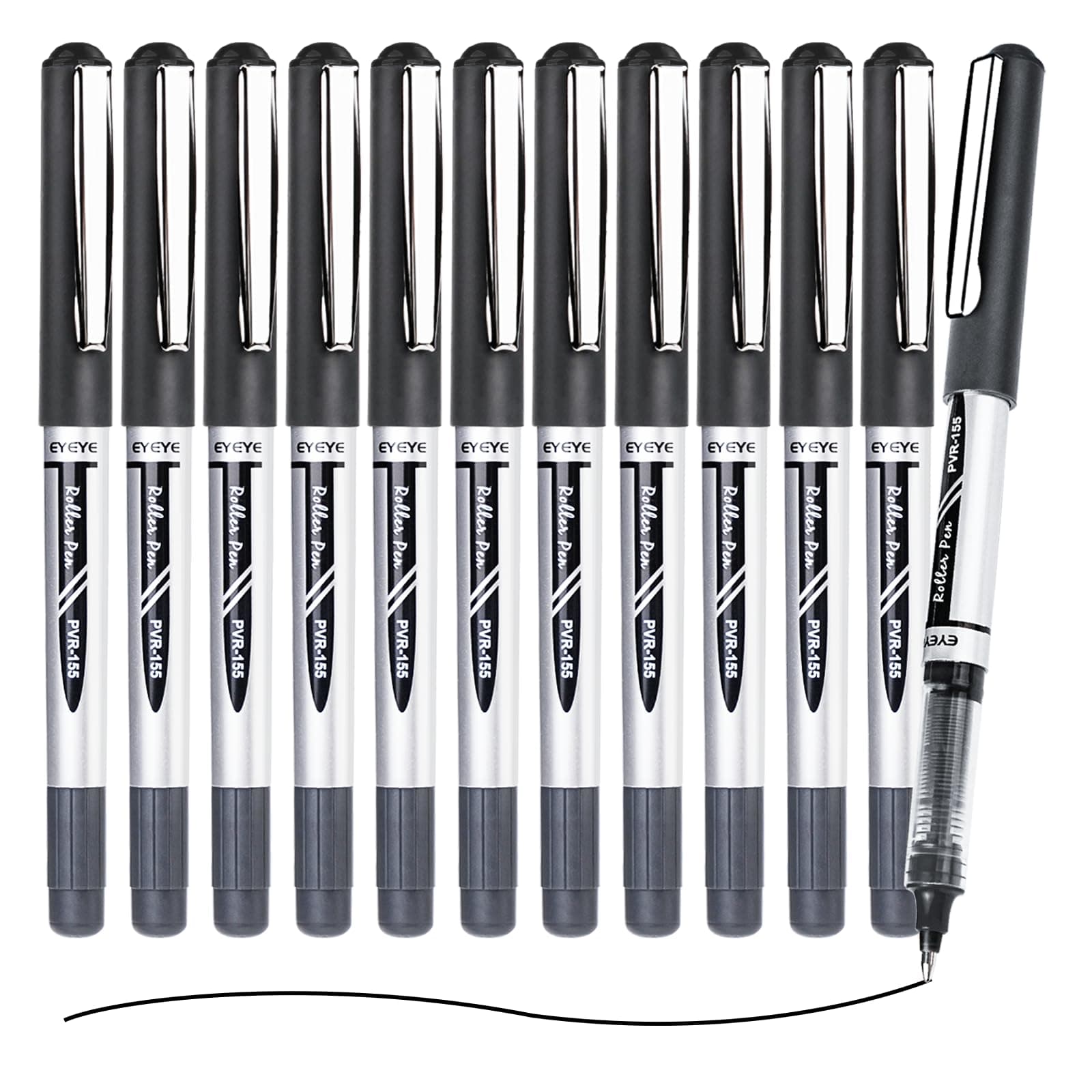 EYEYE Black Rollerball Pens 12 Pack, 0.7mm Medium Point Roller Ball Pen Quick Dry, Liquid Ink Pens Fine Point Smooth Writing Pen for Journaling, Note Taking, Office, School Supplies