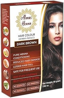 Almas Henna 80 GRAM 100% Organic Hair Color Powder Infused with Herbs, Natural Henna for Soft Shiny Hair (2.82 OUNCE, DARK BROWN)