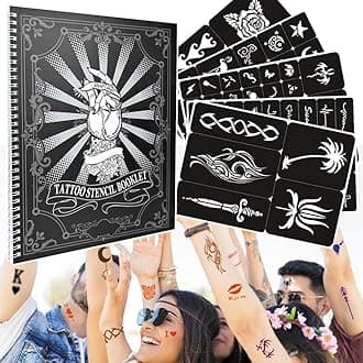 20 Sheets Glitter Tattoo Kit, 467 Pcs Henna Tattoo Stencils Airbrush Temporary Tattoos Templates for Girls and Boys Body Art, Suitable as Gift for Family/Friends (Black)