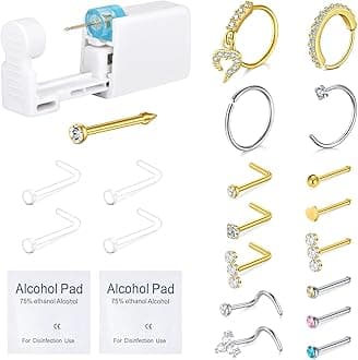 QWALIT Nose Piercing Kit - Self Piercing Gun Kit with Disposable Nose Rings in D Silver