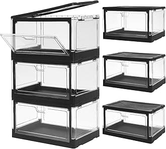 HYBRIDEAS 3-Pack Clear Stackable Storage Bins with Lids Magnetic Doors Open Front Foldable Folding Plastic Craft Containers Large Closet Organizers Box for Bedrooms Living Rooms Study 24 QT