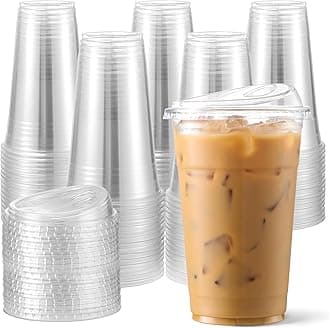 AOZITA 100 Pack 16 oz Plastic Cups With Strawless Sip-Lids, Iced Coffee Cups With Lids BPA Free, Disposable Clear Cups, To Go Cups for Smoothies, Party Drinks, Bubble Tea, Cold Beverage