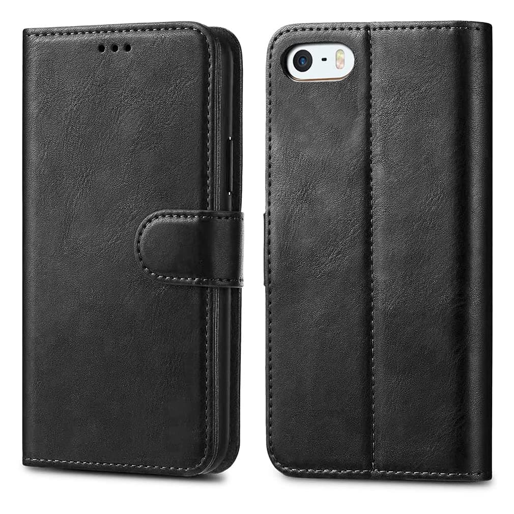 GAPlus iPhone SE 5 5S Case Premium Leather Flip Wallet Case Cover Pouch For iPhone SE 5 / 5S and Screen Protector With Polishing Cloth And Stylus (Black)