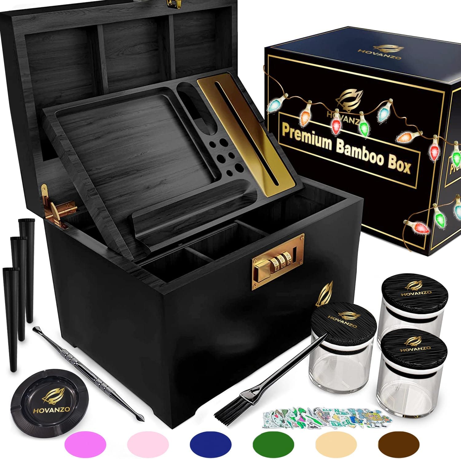 HOVANZO Premium Large Bamboo Storage Box with Combination Lock - Decorative Box Set - Large Wooden Container - Decorative Wood Storage with Accessories - Wood Kit with Glass Jars