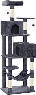 Feandrea Cat Tree, 73.2-Inch Tall Cat Tower, Plush Multi-Level Condo with 5 Scratching Posts, 2 Perches, 2 Caves, Hammock, 2 Pompoms, Smoky Gray UPCT191G01