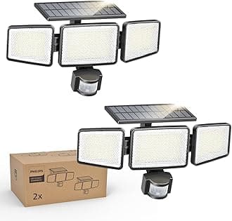 Philips Solar Security Light Outdoor 302 LED 1200lm，Solar-Powered Waterproof Wall-Mounted Flood Light w/PIR Motion Sensor, 3 Heads, IP65 Waterproof, 3 Modes (2 Packs)