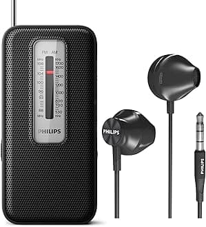 AM FM Battery Operated Portable Pocket Radio, AM FM Compact Transistor Radios Player with Bonus Philips in-Ear Headphones (Black)