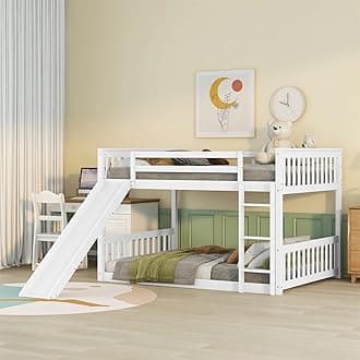Bellemave Full Over Full Low Bunk Bed with Slide Wood Floor Bunk Beds with Ladder for Kids Boys Girls Teens, White