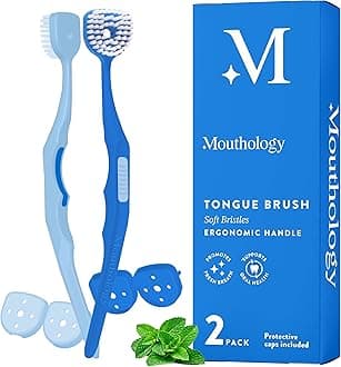 Soft Bristle Tongue Brush for Adults for Bad Breath, Halitosis & Oral Hygiene - Tongue Scraper Brush with Ergonomic Handle & Protective Cap for Easy Storage & Travel - 2 Pack