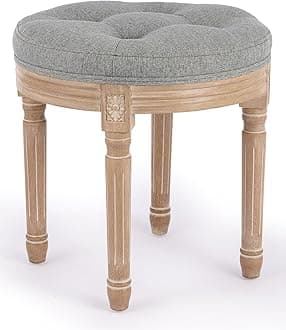 Ottoman Vanity Stool, French Vintage Small Ottoman Stool with Cushion and Wood Frame, 18" Round Tufted Upholstered Stool for Living Room Dining Room Entryway, Makeup Foot Stool Foot Rest, Gray