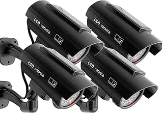 F FINDERS&CO Solar Powered Fake Security Camera, Bullet Dummy Security Camera Surveillance System with Realistic Red Flashing Lights Indoor Outdoor (4 Black)