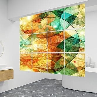 12 PCS Hanging Room Divider Candlelit Stained Glass Artwork Turquoise Hues Decorative Solid PVC Board Screen Panels Room Partition Wall Screen Panels for Bedroom Living Dining Room