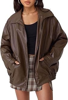 Women's Oversized Faux Leather Jacket - Fall Motorcycle Style Coat with Zipper Closure