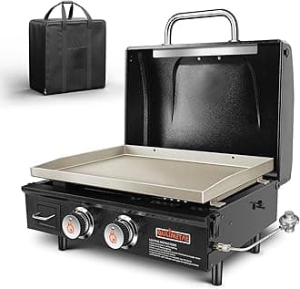 QuliMetal Portable Griddle Flat Top Grill 22 Inch Table Top Grill with Hood 2 Burner Gas Grill Propane Grill with Carry Bag Outdoor Griddle Camping Griddle 24,000 BTU 348 Sq 304 Stainless Steel