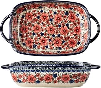 Vintage Style Pottery Bakeware Ceramic Casserole Dish Baking Pan Lasagna Pans Baking Dish with Handles for Oven/Cooking/Kitchen-1 PCS, Large Capacity, 60 OZ