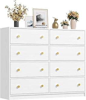 Nicehill White Chest of Drawers with 8 Drawers, Wooden Frame & Gold Handles, Fabric Chest of Drawers for Bedroom, Living Room, Hallway, Entryway, White