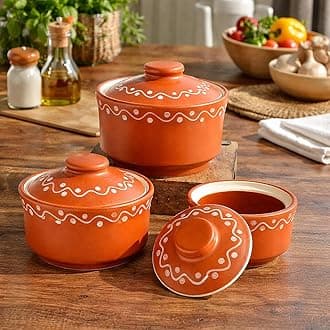 StyleMyWay Studio Pottery Handpainted Ceramic Serving Donga (Set of 3, Terracotta Brown) | Dinner Serving Bowl Set | Ceramic Kitchen Bowl Set
