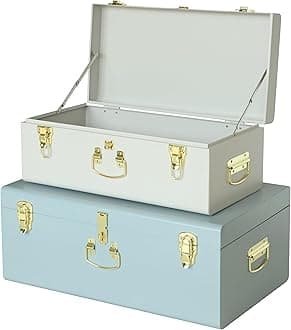 Vixdonos Decorative Large Metal Box Storage Trunk Chest Set of 2 College Dorm Organizer with Hardware Hasps and Handle for Home Deocr,23.7X14.2X9.5 Inches(White and Blue)
