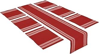Encasa XO Table Runner and Placemats Set 6 | Fine Ribbed Cotton | Ladder Red | 1 Table Runner Size 32x183 cm & Each Table Mat Size 48x32 cm