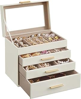 SONGMICS GISELLA Collection - Jewellery Box with Glass Lid, 4-Layer Jewellery Storage Organiser with 3 Drawers, Modern, Gift Idea, Cloud White and Gold Colour, 15.3 x 25.1 x 21.5 cm JBC161W01