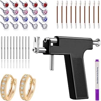 Ear Piercing Gun Kit, Professional Body Earrings Piercing Kit with A Pair of 18K Real Gold Plated Earrings, 20 Stainless Steel Stud Earrings, 10 Sterling Silver Ear Sticks,10 Iodophor Cotton Swabs