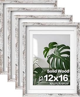 Egofine 12x16 Picture Frames Set of 4, Made of Solid Wood Covered by Plexiglass 9x12 and 11x14 with Mat or 12x16 without Mat, for Wall Mounting Photo Frame Rustic White