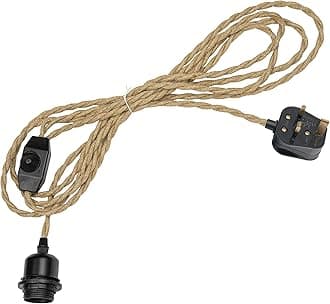 4.5 Meters of Khaki Hemp Rope Cable Plug In Pendant Lighting Kit Pendant Light Fitting with Dimmer Switch and Plastic E27 Matte Black Lamp Holder