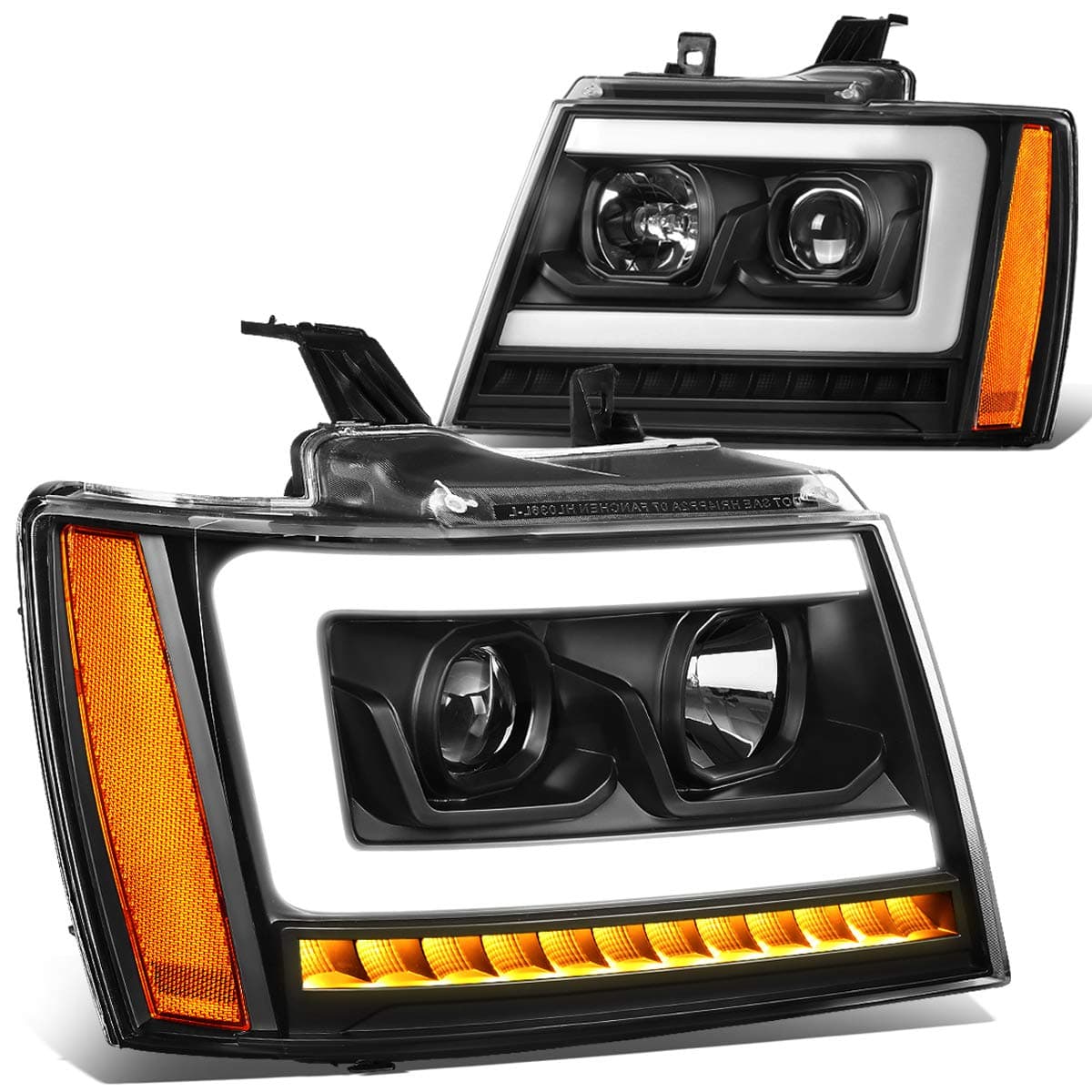 Auto Dynasty LED DRL Headlights Assembly Compatible with 2007-2014 Chevy Tahoe Suburban Avalanche, Driver Passenger Side Projector Headlamps w/LED Sequential Turn Signal, Black Housing Amber Corner