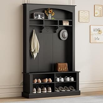 Merax 47.2'' Farmhouse Wood Hall Tree with Bench and Shoe Storage, Multi-Functional Coat Rack with 3 Hooks for Entrance, Hallway Black