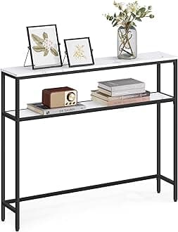 VASAGLE Console Table, 2-Tier Sofa Table, 7.9 x 39.4 x 31.5 Inches, Narrow Entryway Table, Modern Entry Table with 2 Shelves, for Living Room, Bedroom, Marble White and Ink Black ULNT131W59