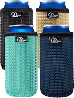 WK IEASON 12oz Slim Can Sleeves Insulators Tall Can Kooize Neoprene Slim Can Covers 12OZ Beer Bottle Sleeves Coolers Non-slip Neoprene Can Cooler Sleeves 4PC Pack(Black/Cool Mint/Dark blue/Khaki)