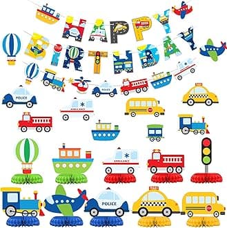 Transportation Party Decorations Kit – Complete Set with Banners, Cutouts, and Table Centerpieces for Vehicle-Themed Birthday Parties and Baby Showers