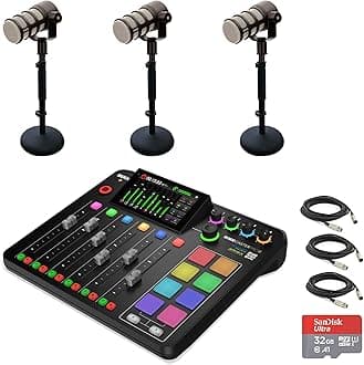 Rode RODECaster Pro II Integrated Audio Production Console with 3x Rode PodMic Dynamic Podcasting Microphones, DS1 Desktop Mic Stands, 32GB microSD Card, XLR Cables and StreamEye Cloth