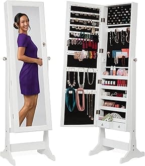 Best Choice Products 6-Tier Standing Mirror Lockable Jewelry Storage Organizer Cabinet Armoire w/LED Lights - White