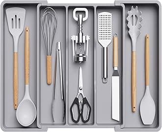 Utensil Organizer for Kitchen Drawers, Expandable Cooking Utensil Tray, Adjustable Cutlery Silverware Flatware Holder, Plastic Spatula Tools Storage Divider, 13-22 x 15", Gray