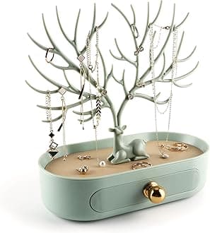MORE&LESS Antlers Jewelry Display Stand with Aluminium alloy handle, Tree Tower Rack Hanging Organizer for Ring Earrings Necklace Bracelet, Deer Horn Tree Stand with Storage Drawer and Tray
