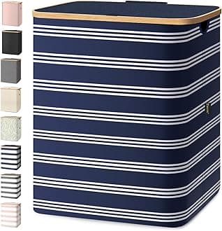 BALEINE Laundry Hamper with Lid, Tall Laundry Baskets with Bamboo Pull Handles, Large Laundry Bin with Internal Support (36 Gal/140L, Blue Pinstripe)