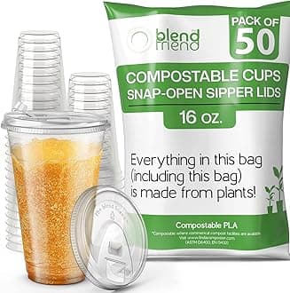 [16oz, 50 pack] Compostable Cups with Lids – Eco plant based cups with strawless snap-fit sipper lids- Green Eco Friendly Alternative to Clear Plastic Cups with