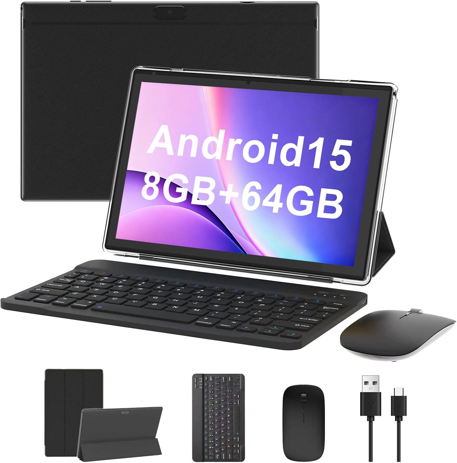 Android 15 Tablet, 10 Inch 8GB RAM+32GB ROM+1TB Expand, 1.8Ghz Quad-core Processor, 2 in 1 Tablets with Keyboard/ Mouse/ Case/ Stylus, 8MP Camera, 6000mAh Battery, 1280*800 HD Screen, 5G WiFi 6 Tablet