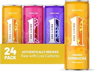 One Living Kombucha Drink - Mixed Pack - 24 x 250ml Cans - Ginger, Raspberry, Passion Fruit - Sugar Free, Great Tasting Kombucha with Live Cultures - Lightly Sparkling, 100% Natural, Vegan