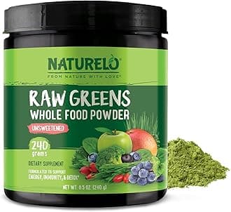 NATURELO Raw Greens Superfood Powder - Unsweetened - Boost Energy, Detox, Enhance Health - Organic Spirulina - Wheat Grass - Whole Food Nutrition from Fruits and Vegetables - 240 Grams