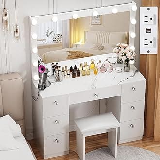 VOWNER Vanity with Lighted Mirror - Makeup Vanity Desk with Power Outlet and 7 Drawers, 3 Color Lighting Modes Adjustable Brightness, 44" Vanity Table with Soft Cushioned Stool for Women Girls, Marble