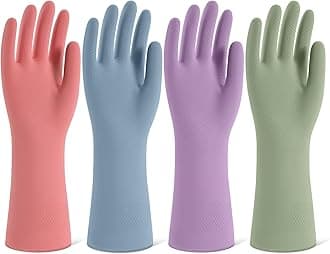 Rubber Cleaning Gloves for Dishwashing, 4 Pairs Reusable Kitchen Gloves for Washing Dishes and Household Cleaning, Colorful Dish Gloves with Flocked Lining and Non-Slip Grip, Pefect for Woman Men - M